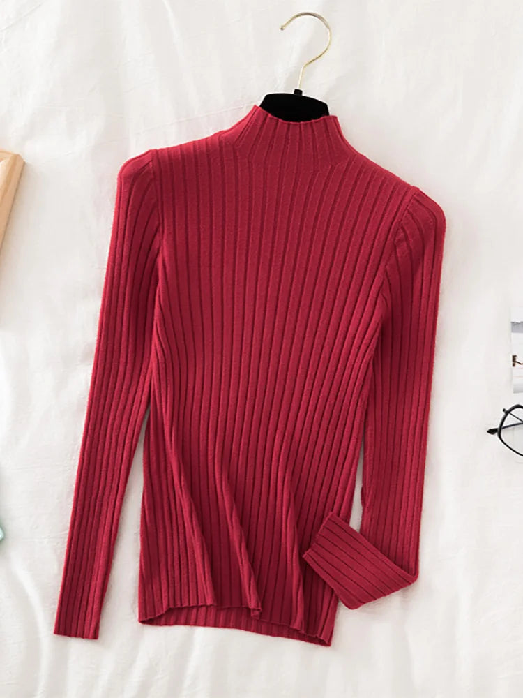 Flattering Stretchy Women Ribbed Sweater - Mock Neck, Knit