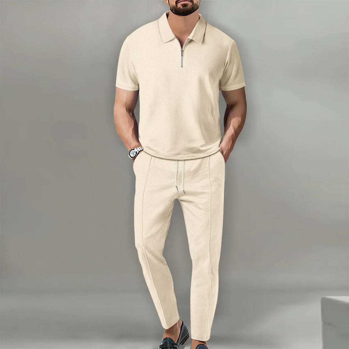 Men's Polo Shirts Set - Casual Chic Breathable Polo and Adjustable Pants Ensemble for Comfort and Style-2