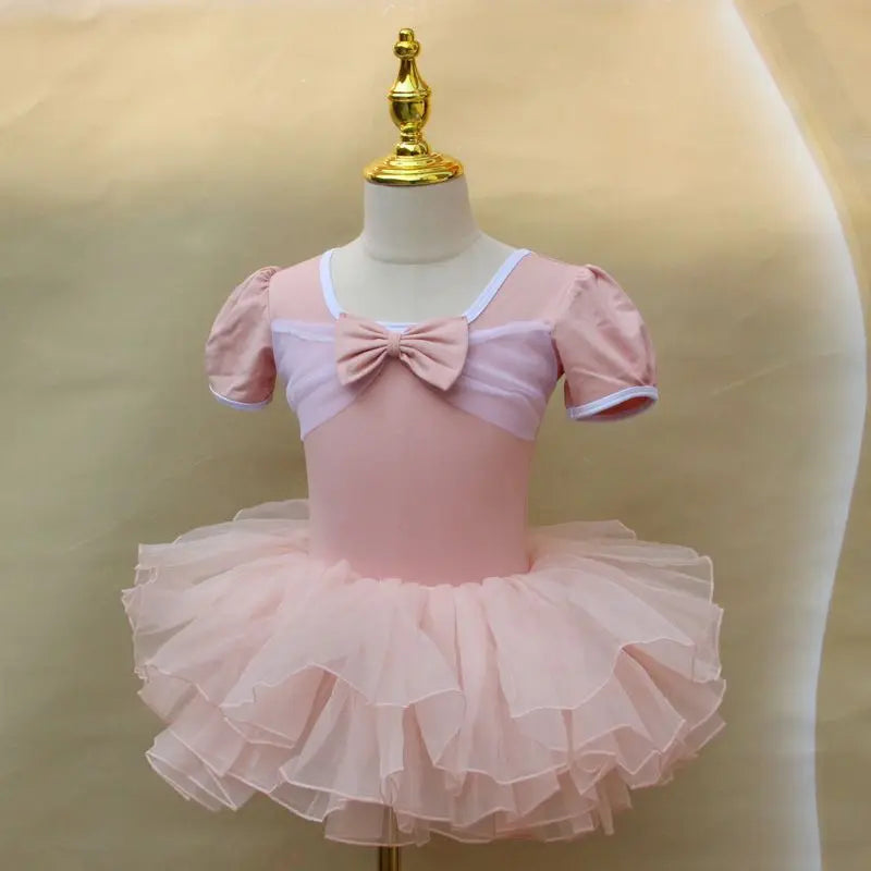 Light girls ballet leotard set - puff-sleeve top, tulle tutu skirt, polyester, for dance class