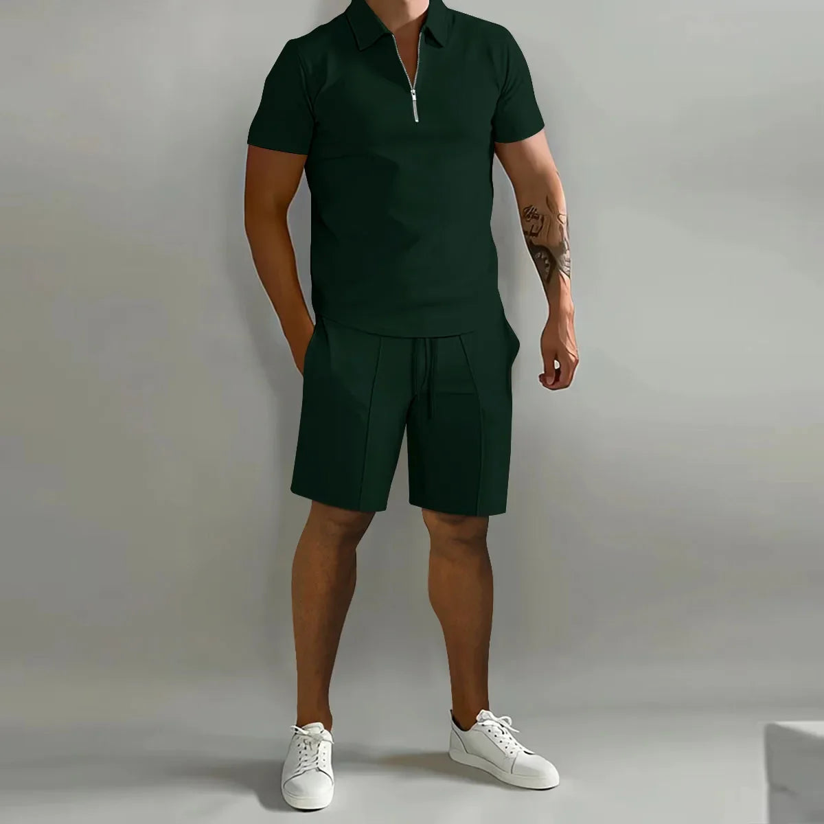 Solid Color Polo Shirt & Vertical Stripe Pants Kit - Casual Short Sleeve Sports Wear