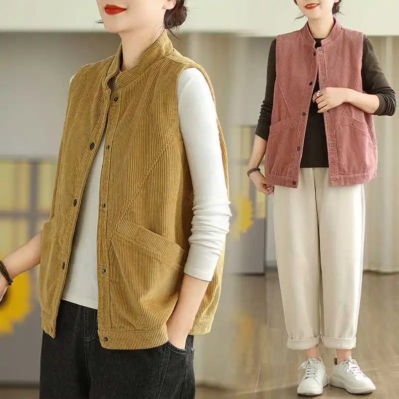 Plush Women's Corduroy Vest - Relaxed Sleeveless, Velvet