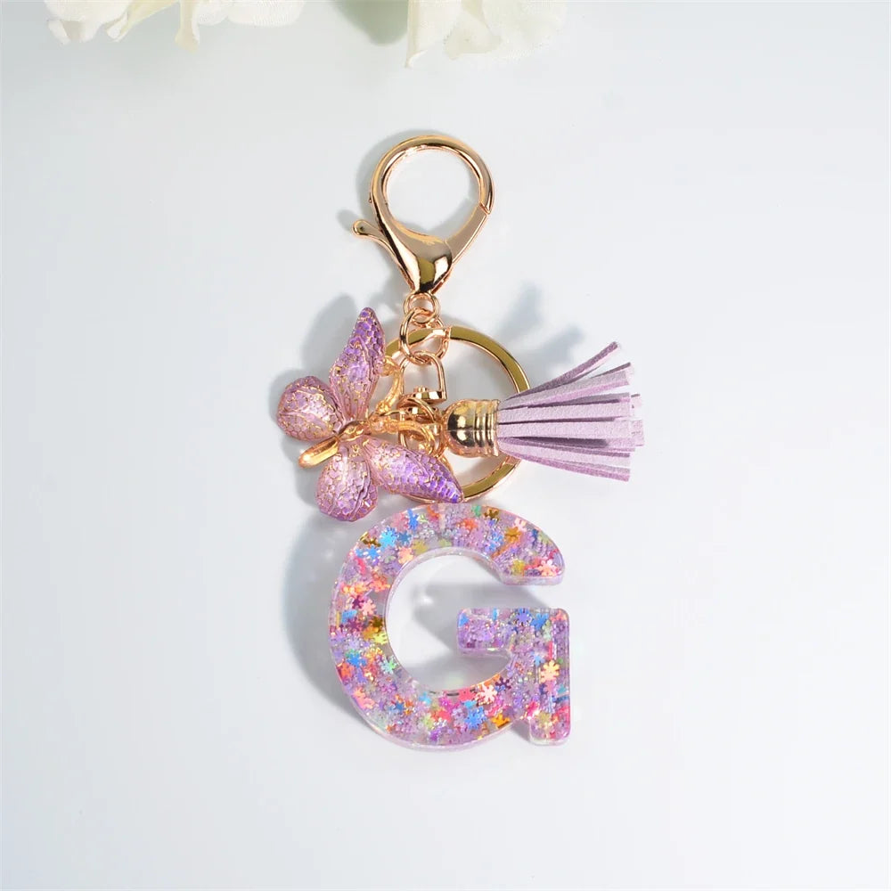 Letter Sequin Keychain With Butterfly Tassel Charm
