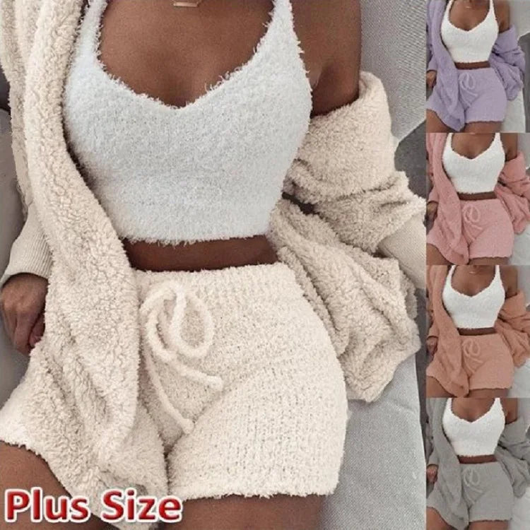 Fluffy Pajamas Kit for Women Plus Size Tank Top Shorts Winter Sleepwear