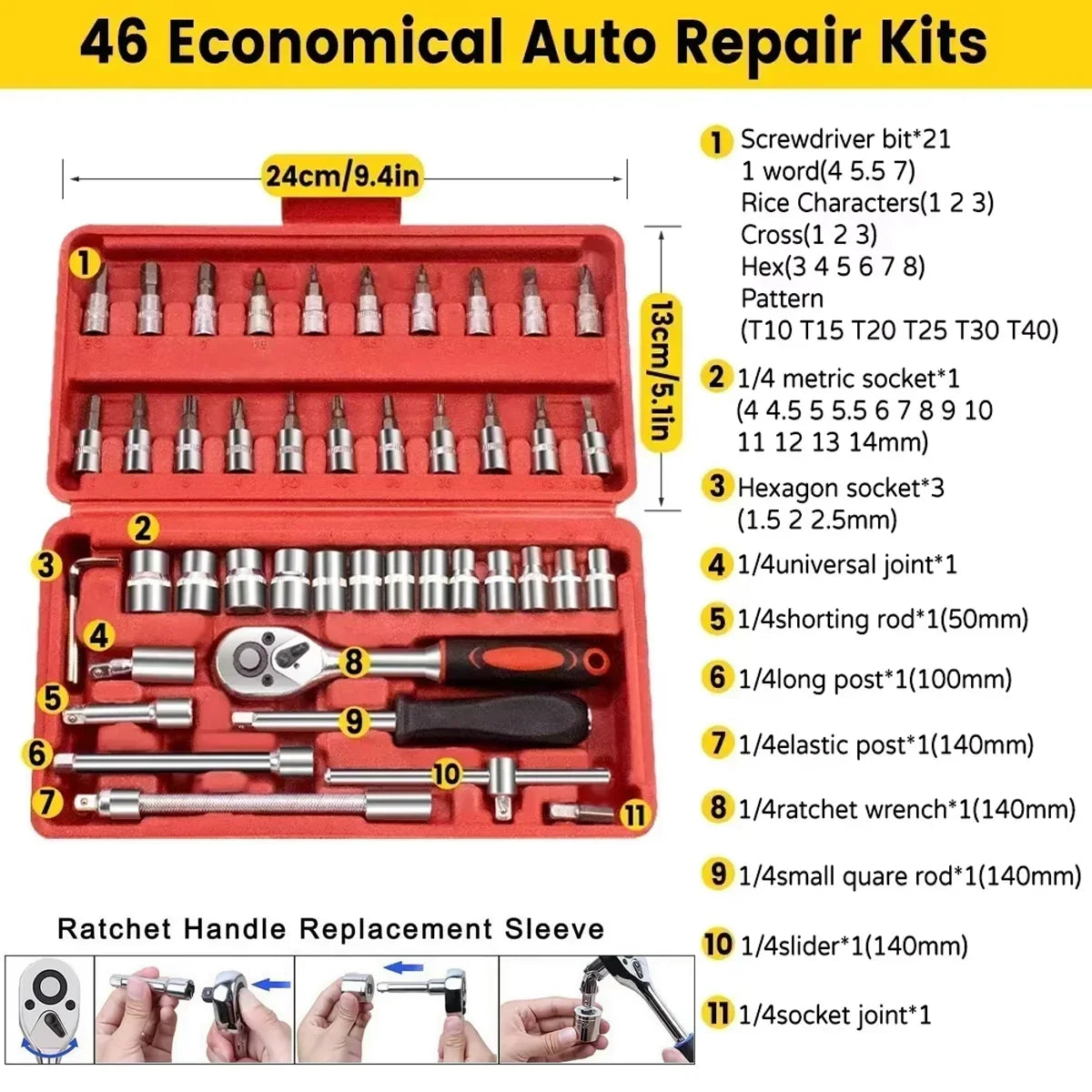 Metric Socket Wrench Kit - Household Tools Car Mechanic Kit with Ratchet and Adapters
