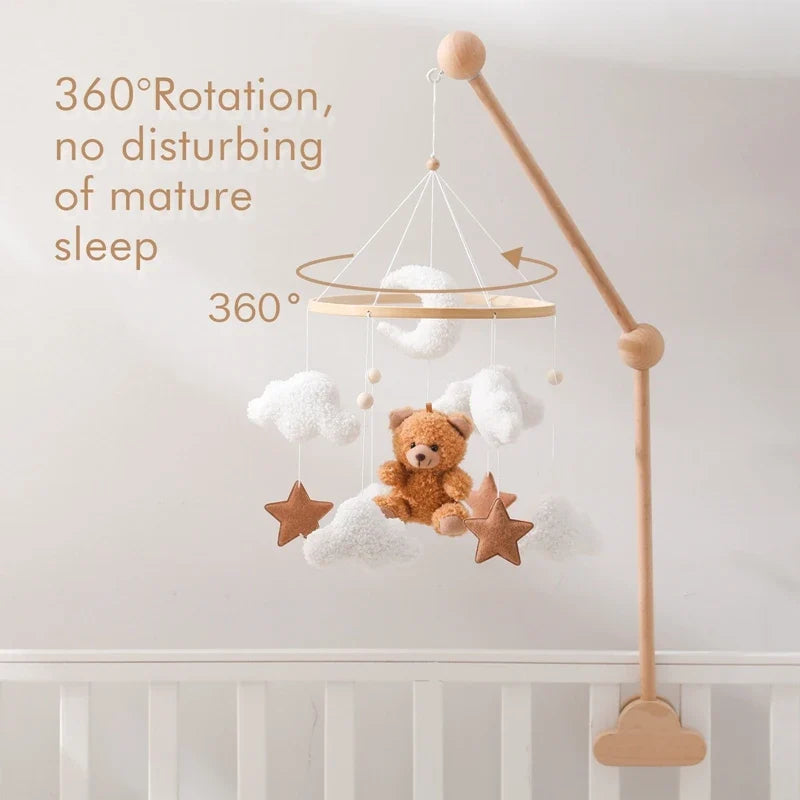 Crib Wooden Mobile Felt Bear Musical Newborn Sensory Toys