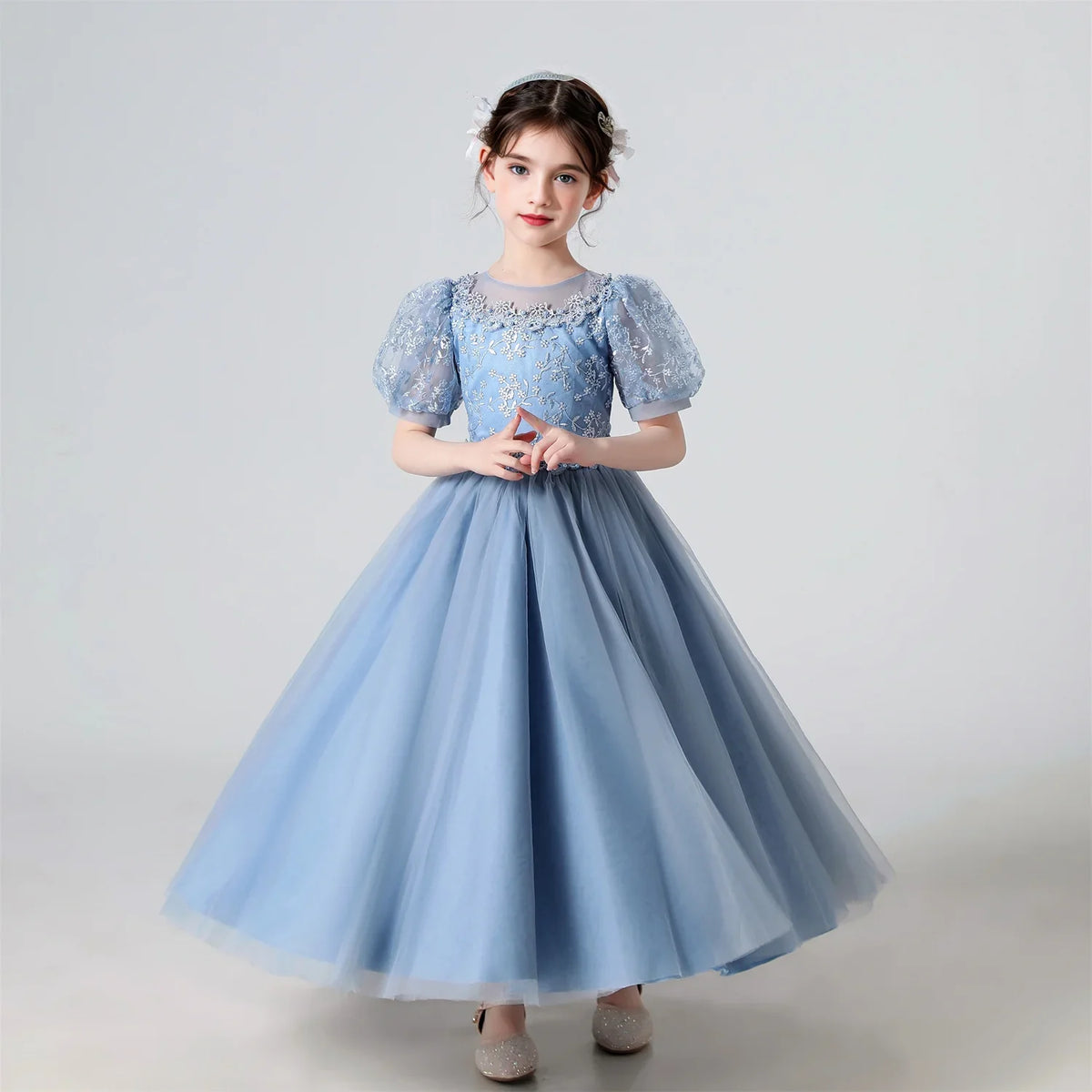 Plush Girls' Dress - Flowy Princess-Cut Lace-Embroidery, Polyester, Wedding Party