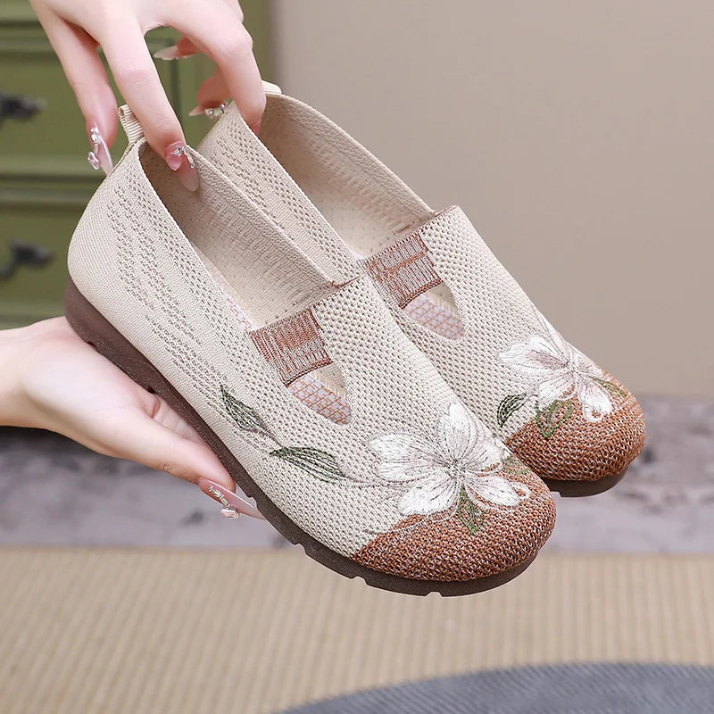 Women’s Breathable Flats - Slip-On Mesh, Embroidered
