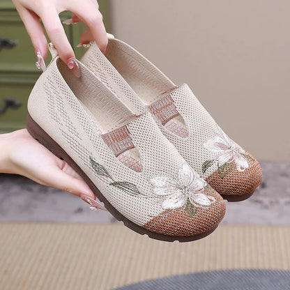 Women’s Breathable Flats - Slip-On Mesh, Embroidered