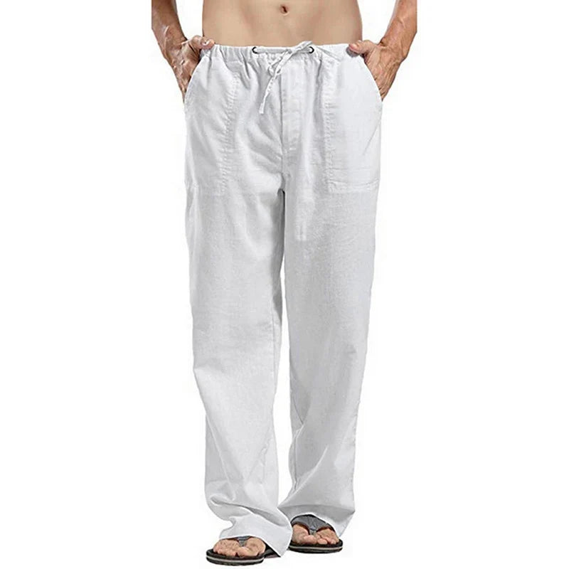 Color Solid Multi-Pocket Linen Men Pants - Casual Breathable Summer Trouser, Large Size