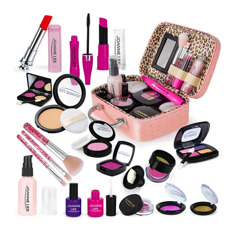 Kids Makeup Kit - Pretend Play Kit With Lipstick Nail Polish Eye Shadow In Leopard Case CE Certified Toy Back To School
