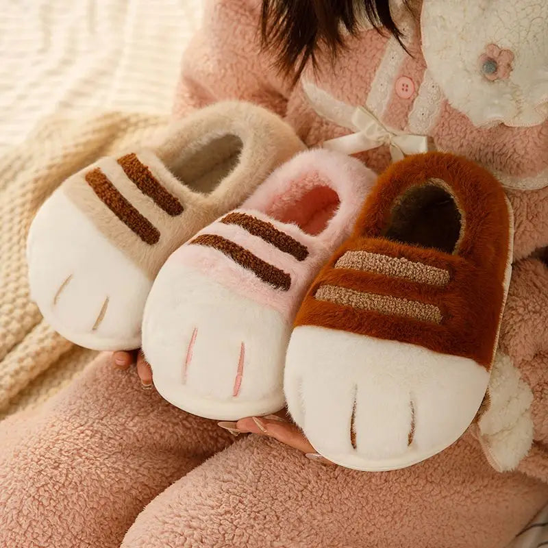 cozy Warm unisex slippers - cat-paw plush design, plush faux fur, indoor winter wear