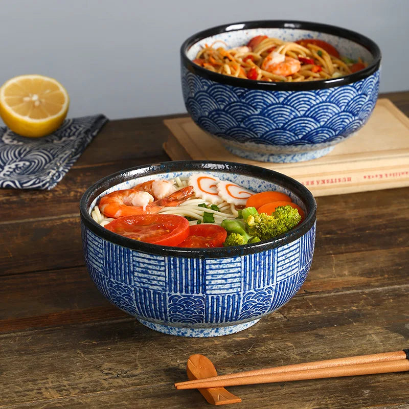 Wave Qinghai Noodle Bowl Hand Painted Vintage Ceramic Bowl