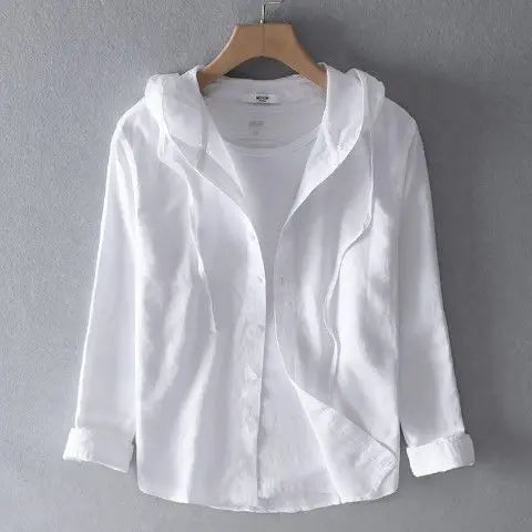 Summer Spring Solid Color Hooded Cotton Hemp Shirt Man Casual Cardigan