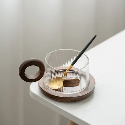 Coffee Mug Kit 250ml Glass With Wooden Handle, Tray And Spoon, Ribbed Tea Cup Casual Fall 2025 Cozy Gift