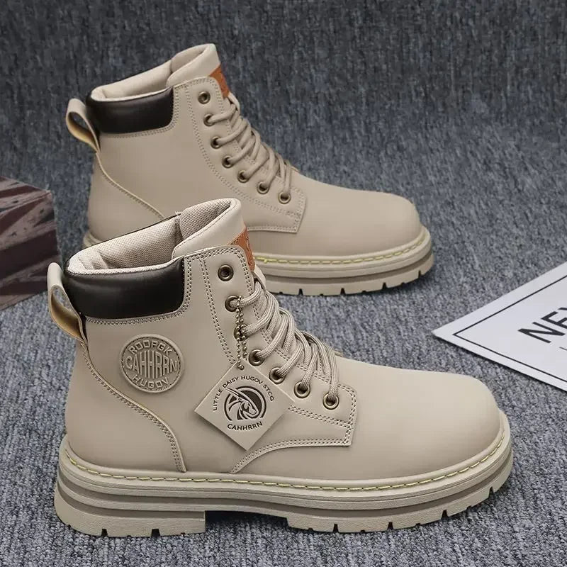 Casual Retro High Top Boots for Men - Winter Chunky Lace-Up Motorcycle Ankle Footwear
