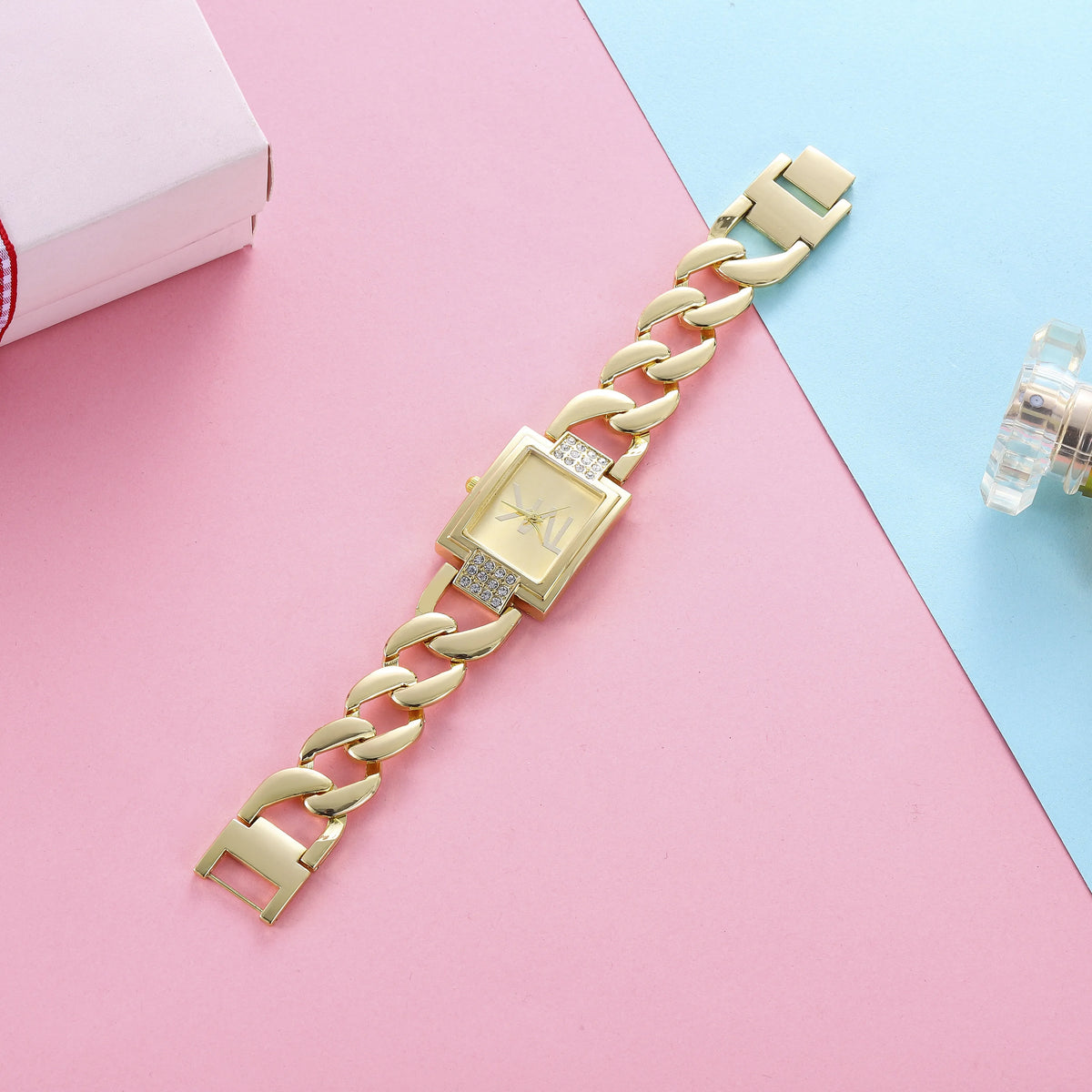 Watch Women's Gold Tone Square Dial, Elegant Alloy Band With Crystal Accents, Summer 2026 Gift