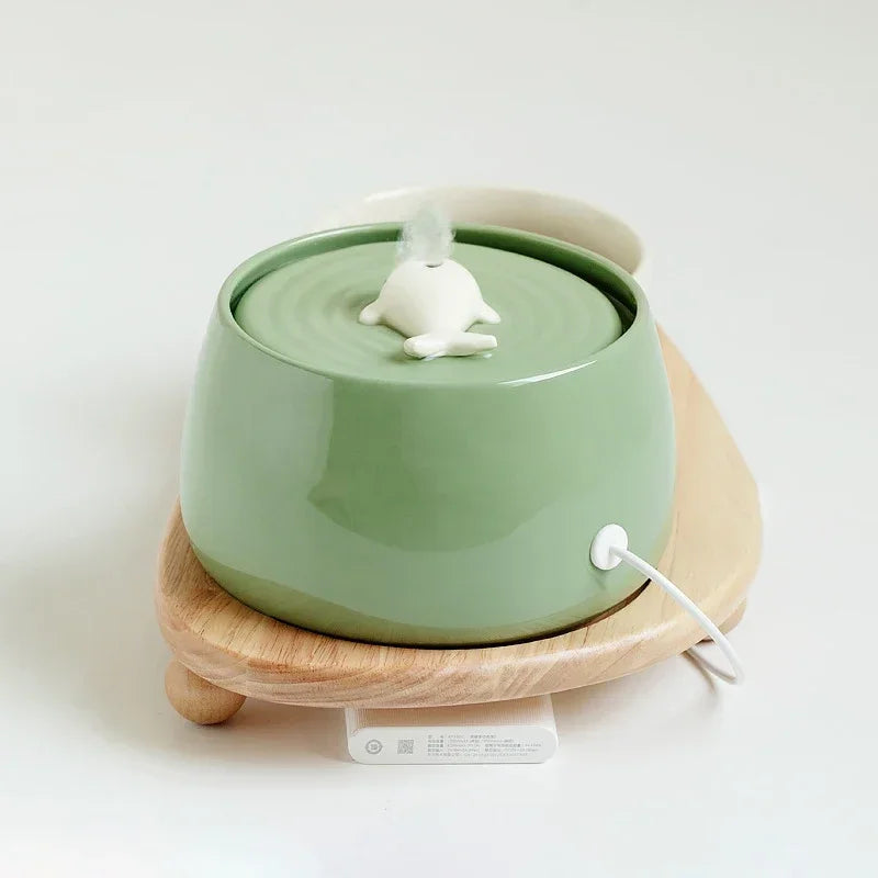 Water Cat Fountain 1300ml Ceramic USB Charging Pet Fountain With Filter And Wooden Stand Fall 2025 Continuous Hydration