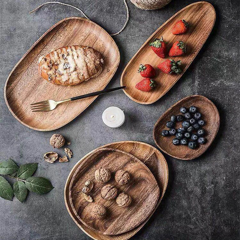 Wooden 5Pcs Storage Tray - Acacia Wood Irregular Oval Tableware, Solid Food Container