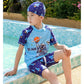 Light, Sturdy Boys' Two-Piece Swimsuit - Rash Guard Top, Shark-Print Trunks, Kit With Hat