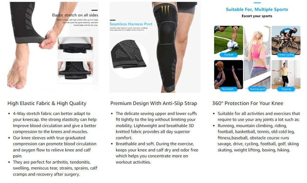 Pair 2026 – Full Leg Compression Sleeve Long Knee Support for Cycling Hiking Basketball