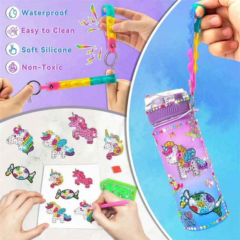 Mermaid DIY & Unicorn Water Bottle Craft Kits for Girls - Fun Arts and Crafts Birthday Gift with Fidget Keychain