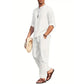 Men's Cotton Linen Shirt Two-Piece Kit Casual Henley Long Sleeve Vacation Beach Wear