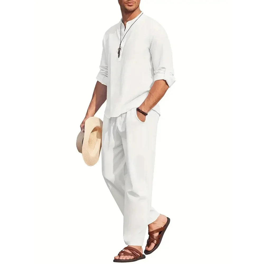 Men's Cotton Linen Shirt Two-Piece Kit Casual Henley Long Sleeve Vacation Beach Wear