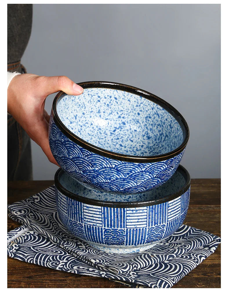 Wave Qinghai Noodle Bowl Hand Painted Vintage Ceramic Bowl