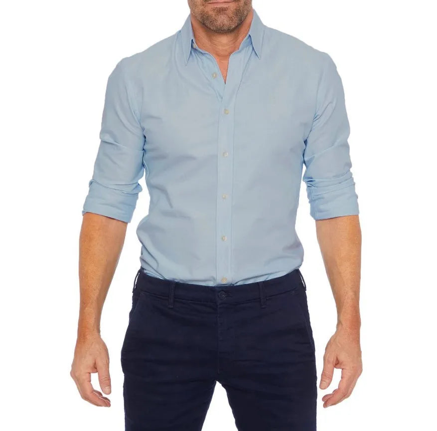 Casual Men's Oxford Zipper Shirt - Elastic Cotton Slim Fit for All Seasons