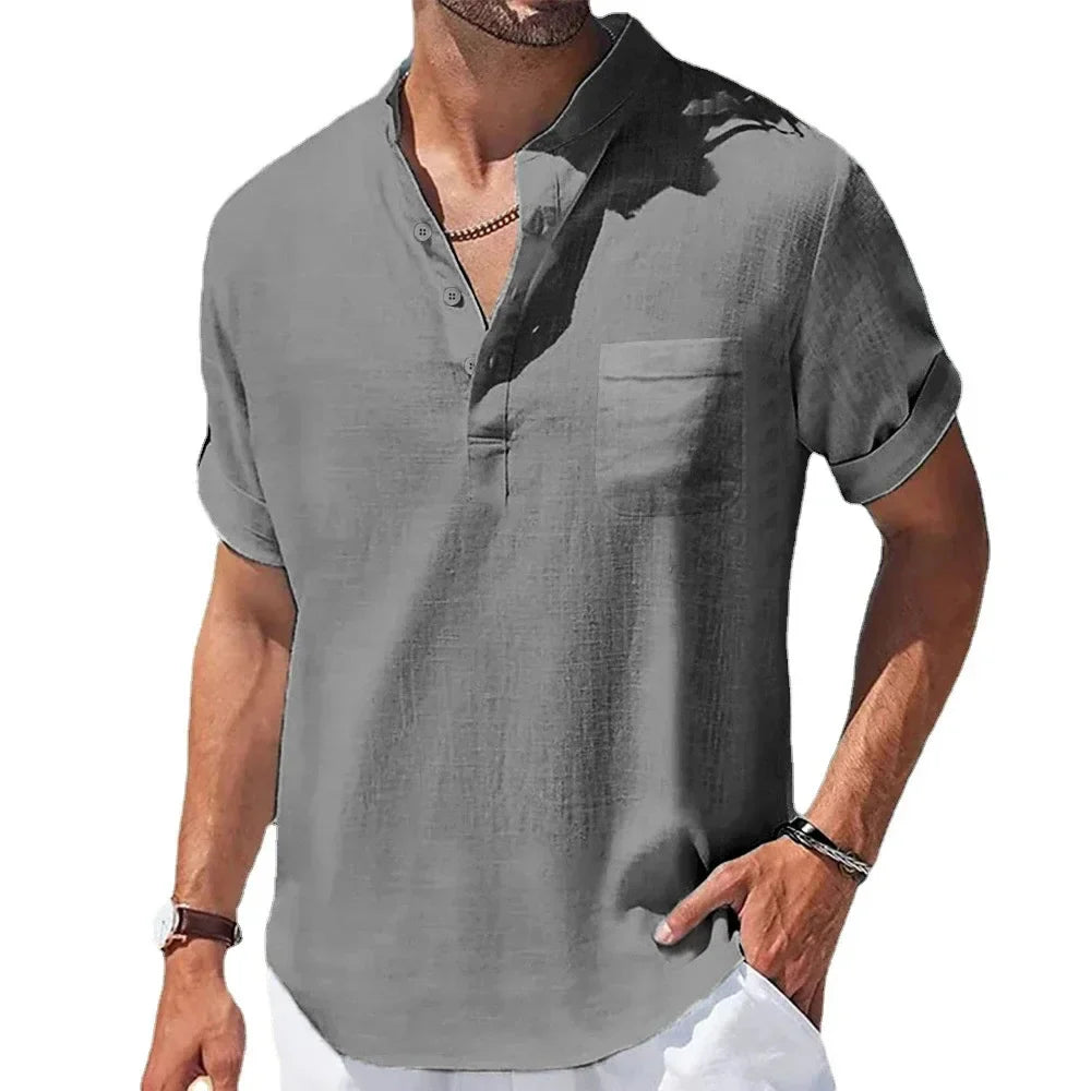Men's Summer Shirt, Breathable Cotton and Linen Blend with Henry Collar, Lightweight and Casual Fit-3