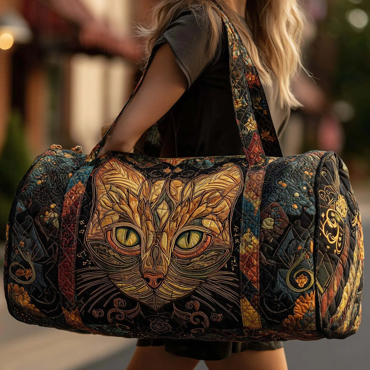 Plush Unisex Travel Tote - Quilted, Cat-Embroidered Fabric, For Beach, Hiking, Camping