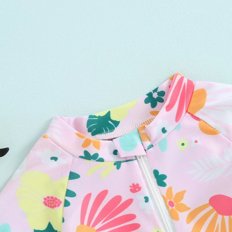 zip-front, short sleeve, floral print, polyester, for summer swimwear – Plush girls’ rash guard romper