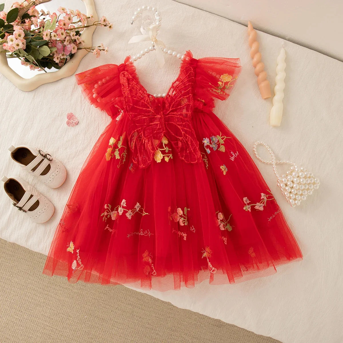 Light flowy girls' dress - knee-length tulle, floral print, polyester, for weddings