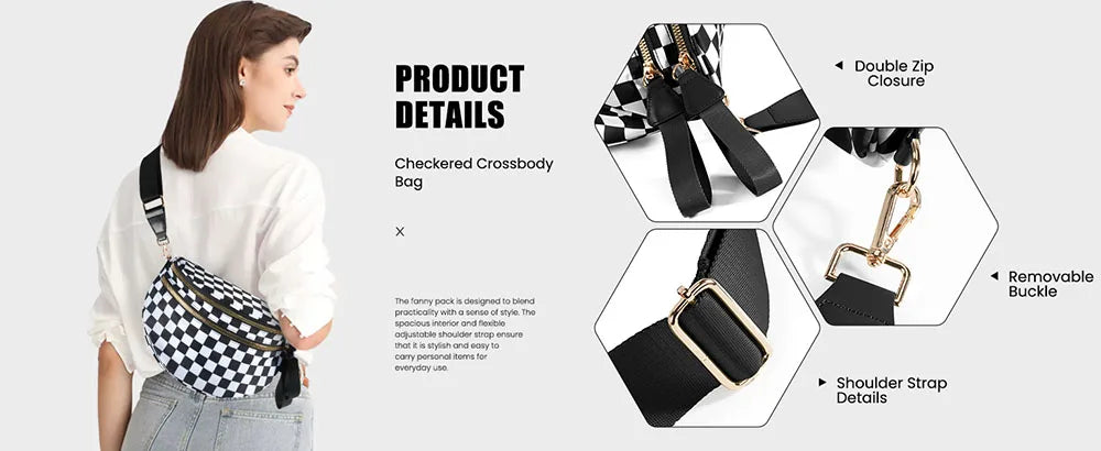 high-capacity sling bag with adjustable strap – Casual women's checkered crossbody shoulder bag
