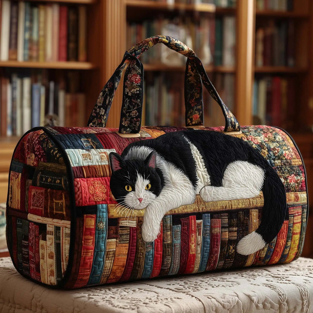 Plush Unisex Travel Tote - Quilted, Cat-Embroidered Fabric, For Beach, Hiking, Camping