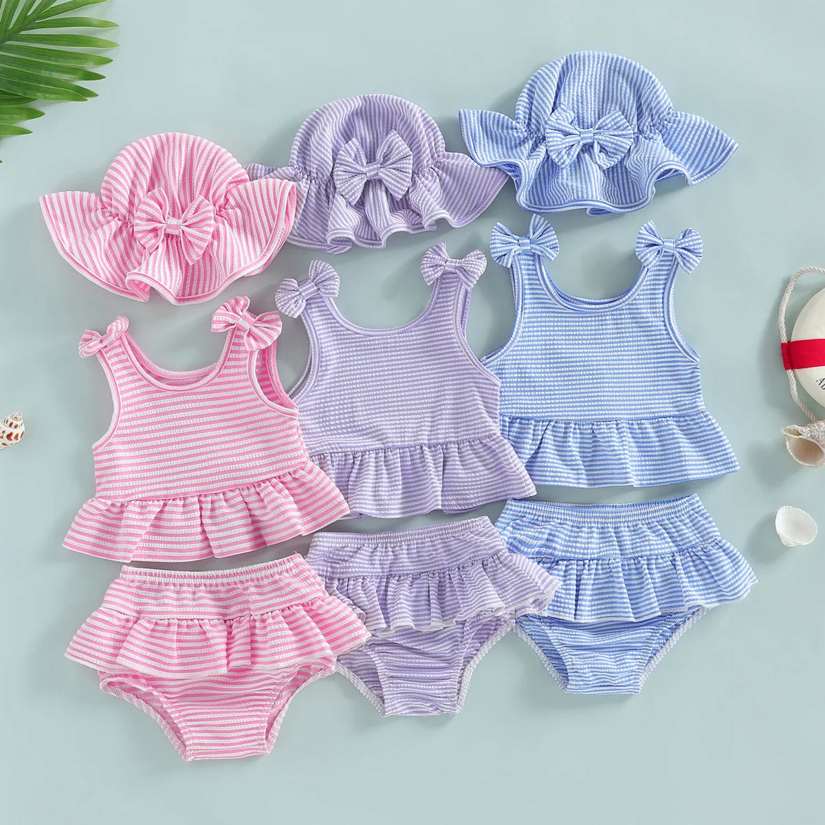 Plush Toddler Girls' Bikini Kit - Striped Tank Top With Ruffle, Matching Bottom, Hat, Polyester-Elastane, Summer Swimwear