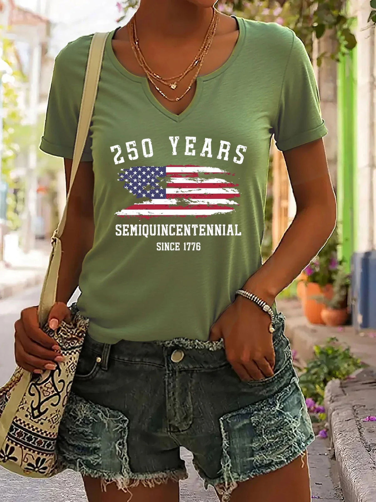 Plush Women's V-Neck T-Shirt - Short Sleeve, Patriotic Semiquincentennial Flag Print, Casual Top