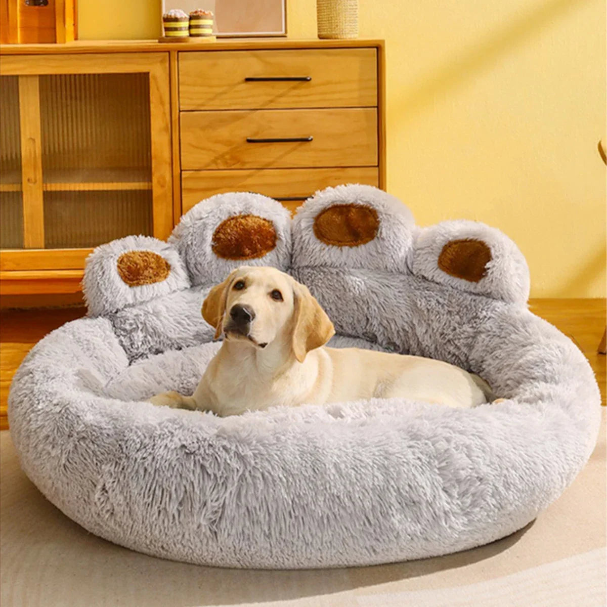 Bed Dog Plush Round Sofa Style Bed For Pets, Fall 2025 Cozy Washable Plush Bed With Paw Backrest Support