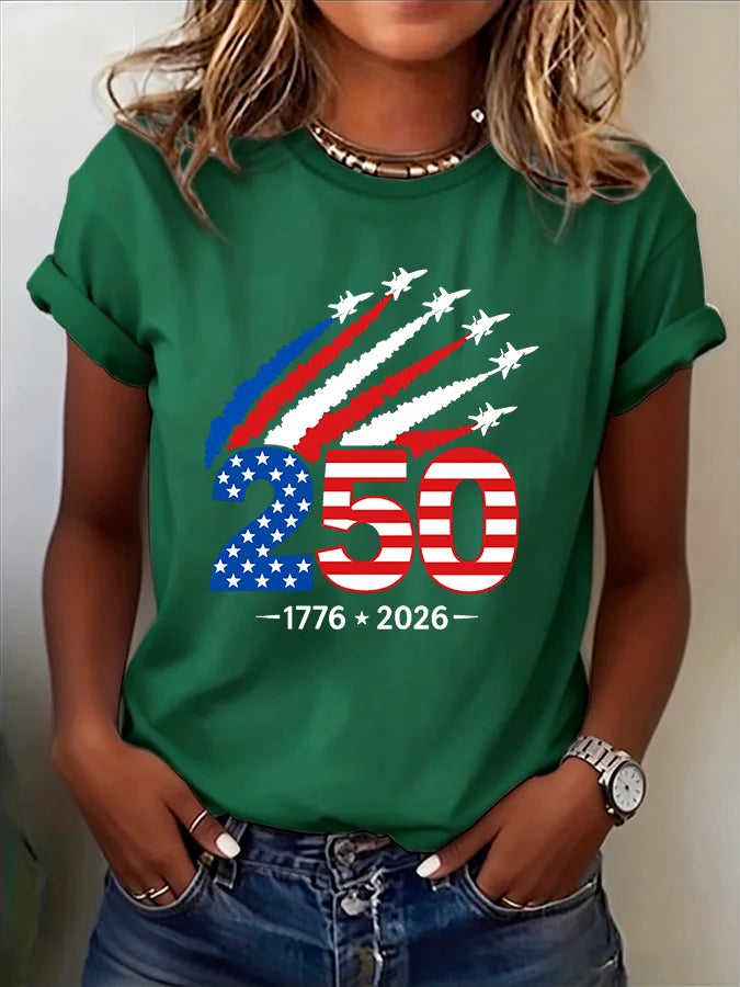 Plush Women's Jet-Print T-Shirt - Short Sleeve, Cotton, 250th Anniversary USA 1776-2026, Casual Wear