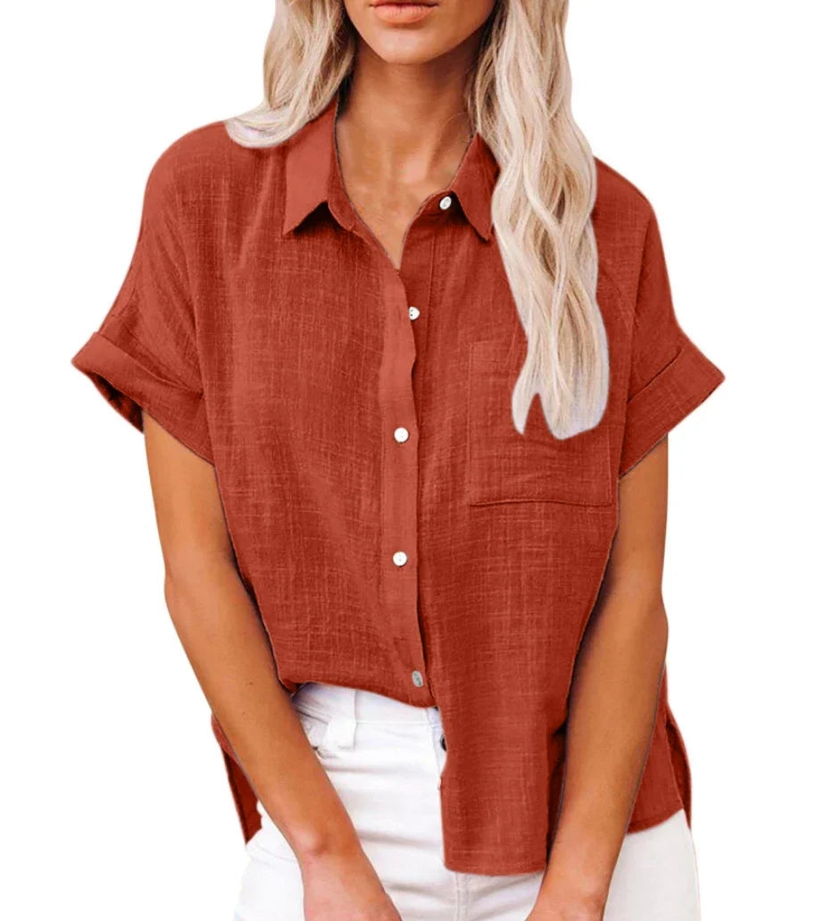 Shirt Linen Short Sleeve Casual Loose Fit Blouse Fresh Sweet Style Polyester Fabric