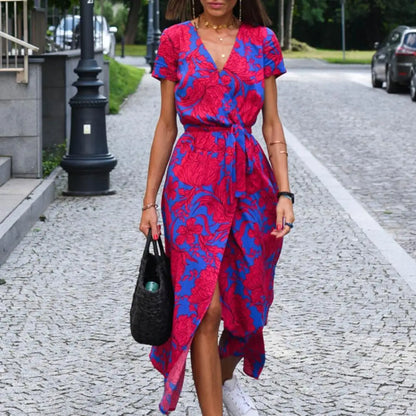 Dress Midi V-neck Short Sleeve Floral Print High Waist Summer Beach Dress Female