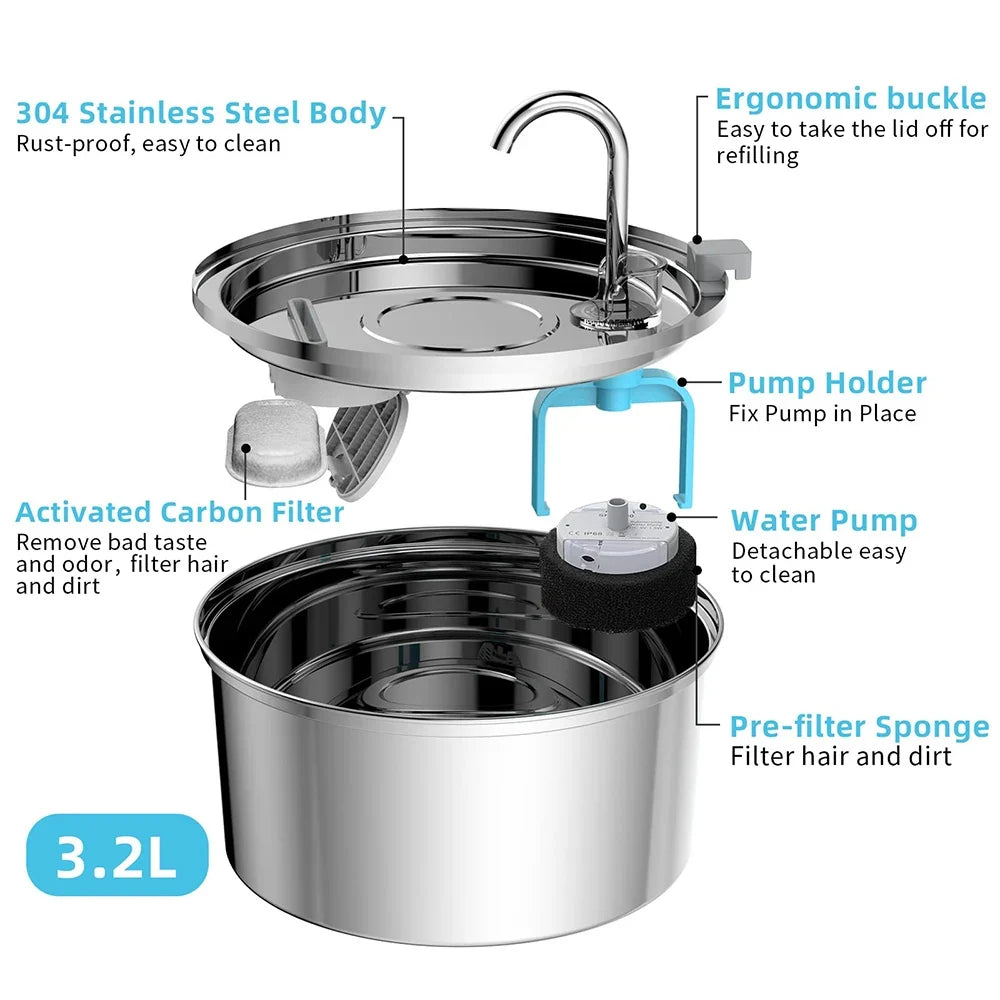 Steel Stainless Automatic Pet Water Fountain USB Mute Dog Cat Filter Bowl