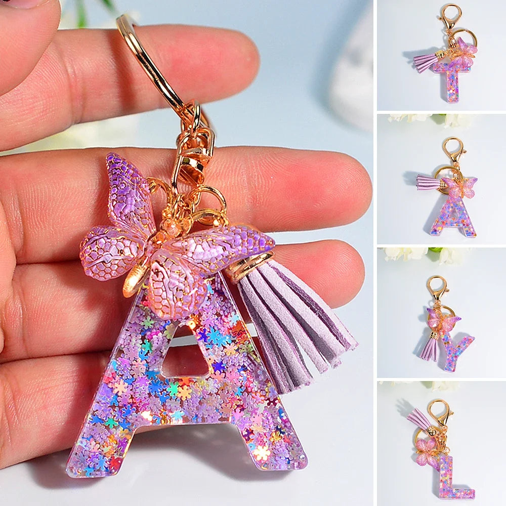 Letter Sequin Keychain With Butterfly Tassel Charm