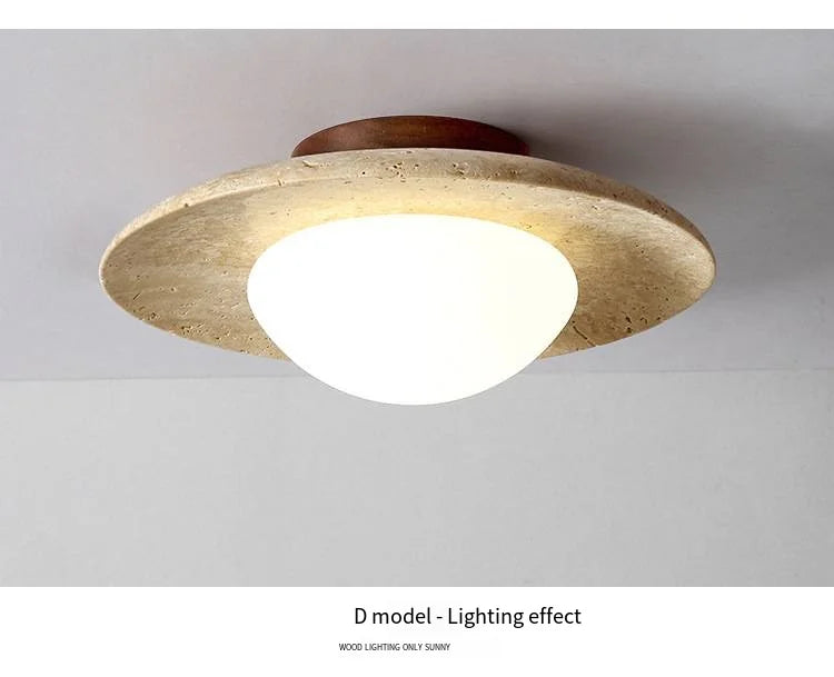 Travertine Japandi Ceiling Light Wood Cap Round Mid Century Lamp