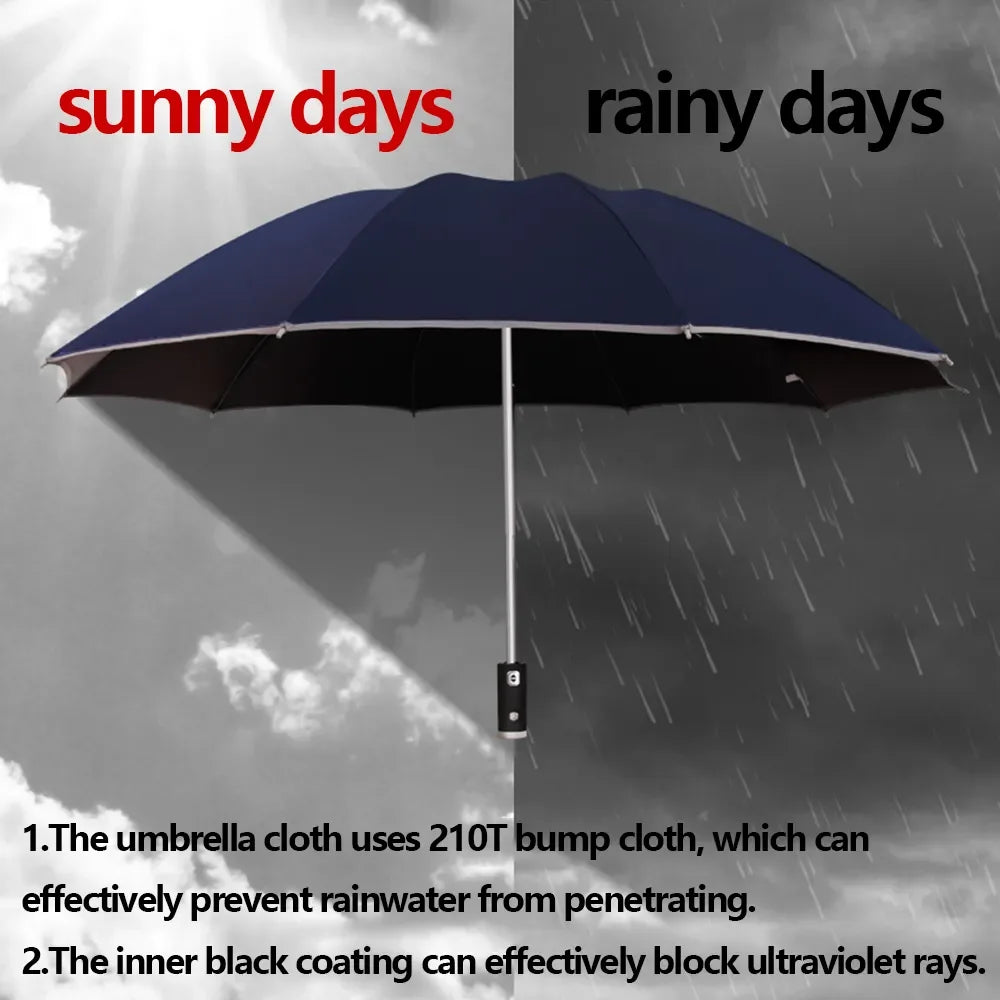Fully Automatic Folding Water-Resistant Umbrella with LED Flashlight and UV Sunshade for Rain and Wind Resistance