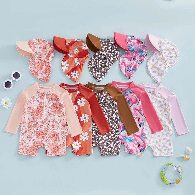Light Sturdy Toddler Girl Rash Guard Swimsuit - Long Sleeve Floral Flamingo Print, Polyester Elastane, Beachwear