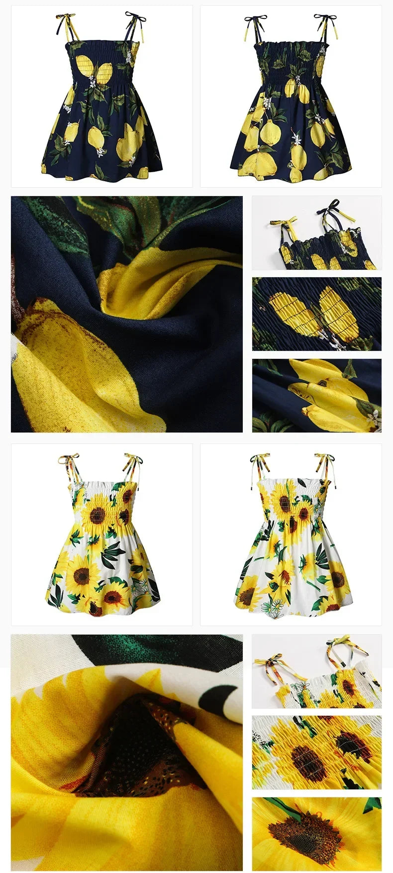 Plush girls' sundress - smocked bodice, daisy print, polyester, for casual summer outings