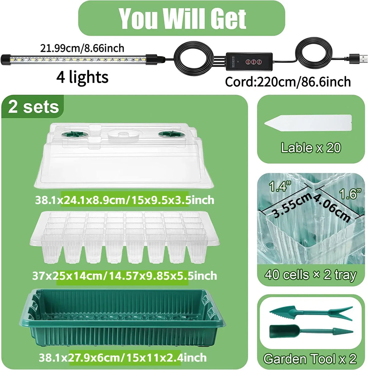High Dome Seed Starter Trays with LED Grow Lights - 80 Cells, Smart Timer, Garden Tools for Household Gardening