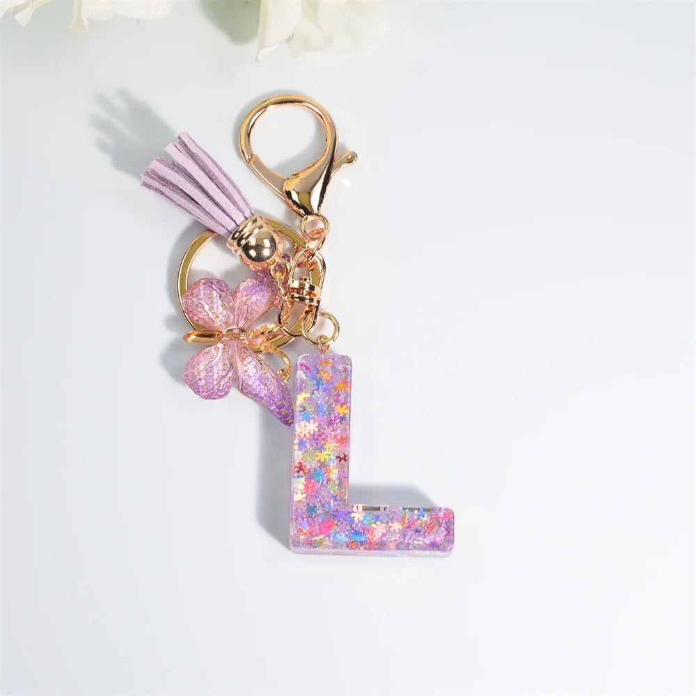 Letter Sequin Keychain With Butterfly Tassel Charm