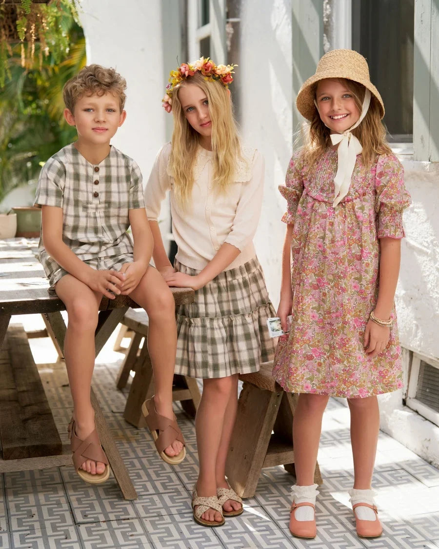 Plaid Grid, Floral, 100% Cotton, Summer Casual Wear – Plush Unisex Kids’ Matching Outfits